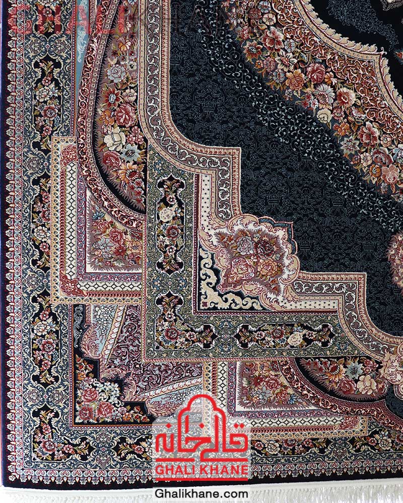 فرش زمرد مشهد طرح باغ معلق کد 25034 سرمه ای