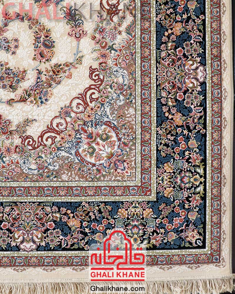 فرش نگین مشهد کد 1010 کرم حاشیه سرمه ای