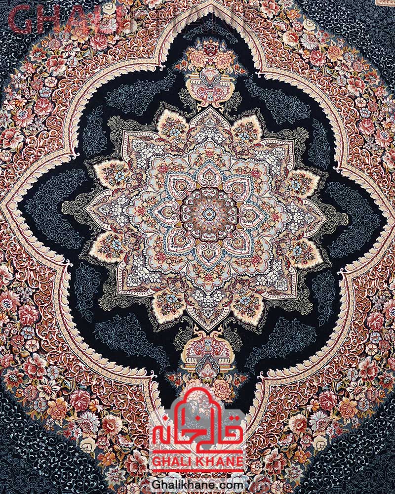 فرش زمرد مشهد طرح باغ معلق کد 25034 سرمه ای