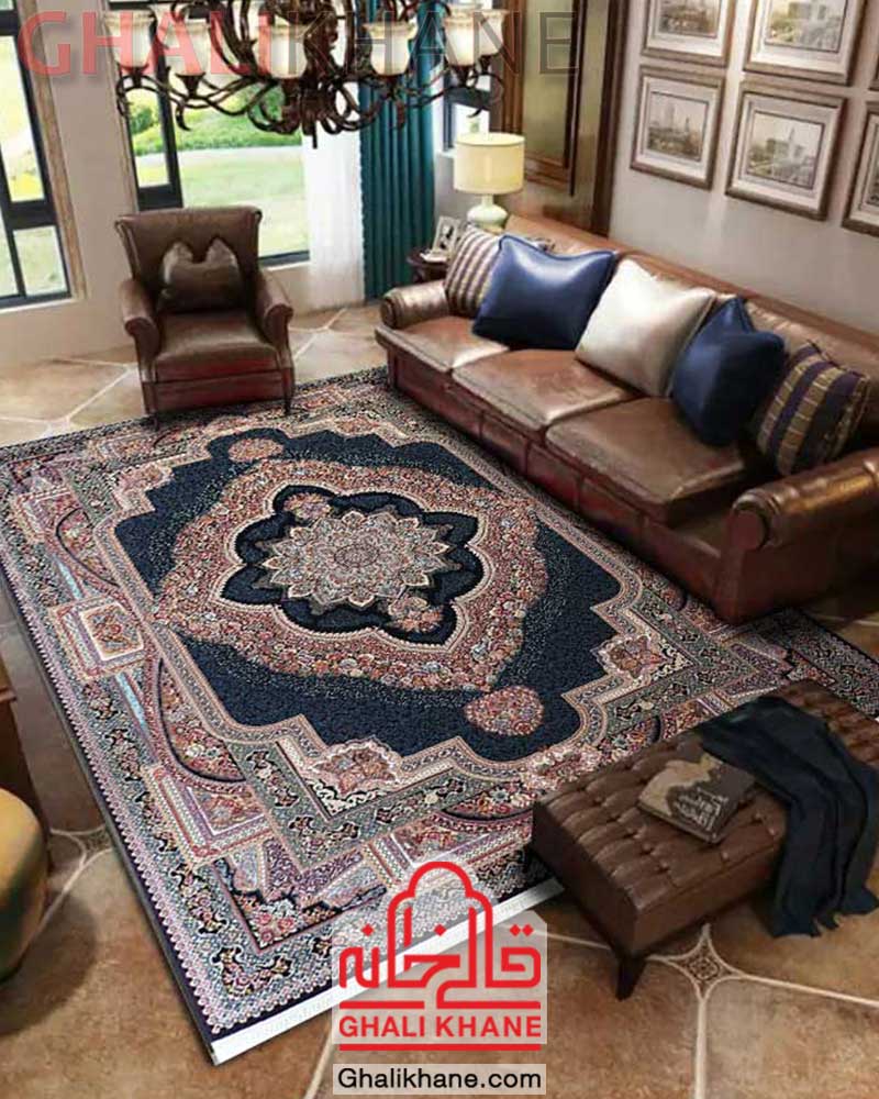 فرش زمرد مشهد طرح باغ معلق کد 25034 سرمه ای