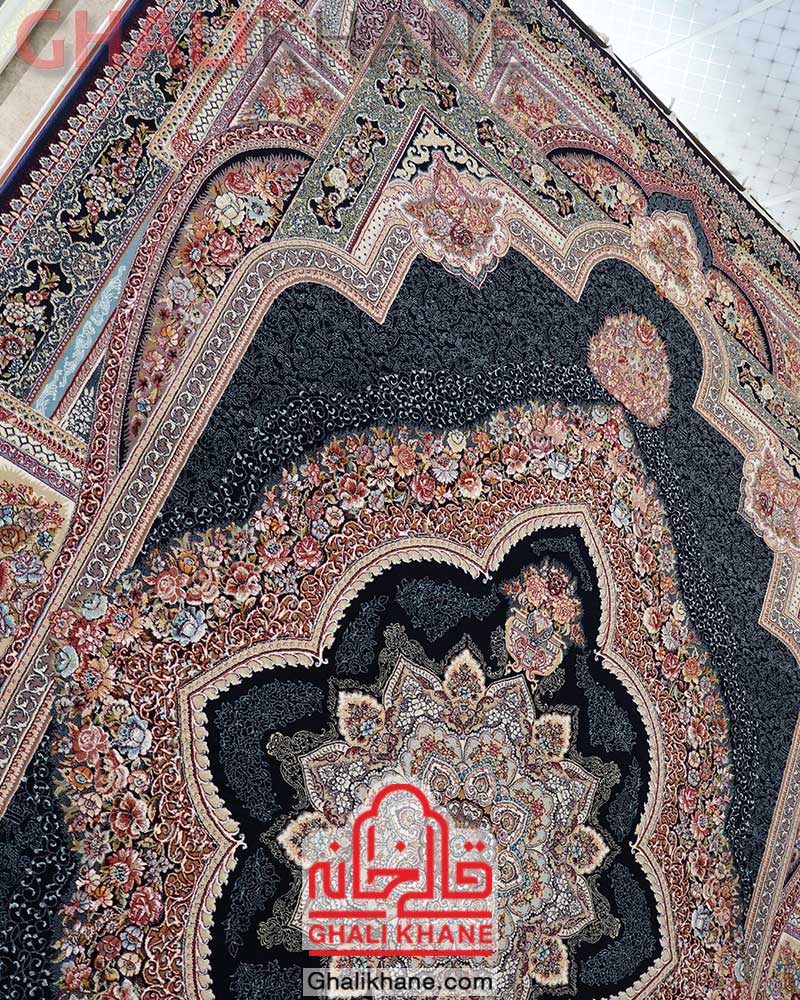 فرش زمرد مشهد طرح باغ معلق کد 25034 سرمه ای